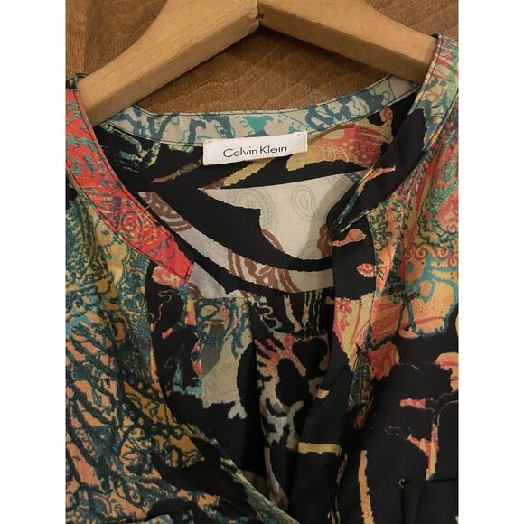 Women's Calvin Klein 1/2 Button Tie Front Hawaiian Print Blouse Kimono Medium - Picture 4 of 4